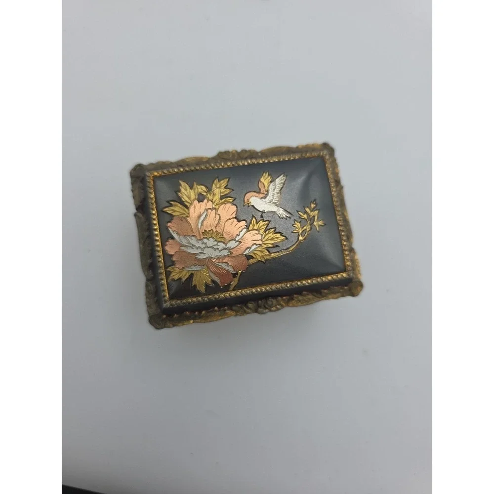 Vintage Japanese Art Trinket Box, Velvet-Lined, Bird and Flowers